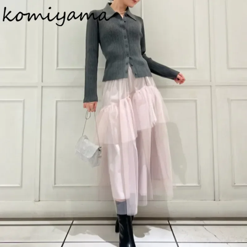 Japanese Sweet Knit Set Turn Down Collar Long Sleeve Single Breasted Sweater+ Irregular Voile Ruffles Skirt Fashion Suit