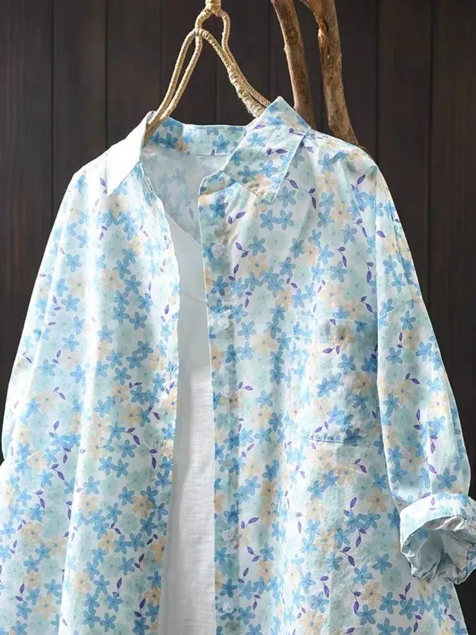 قميص نسائي صيفي 2025 من القطن الخالص بأكمام قصيرة وطبعة زهور، تصميم فضفاض وعصري، قميص تنحيف رقيق بياقة بولو أنيقة للارتداء ال...