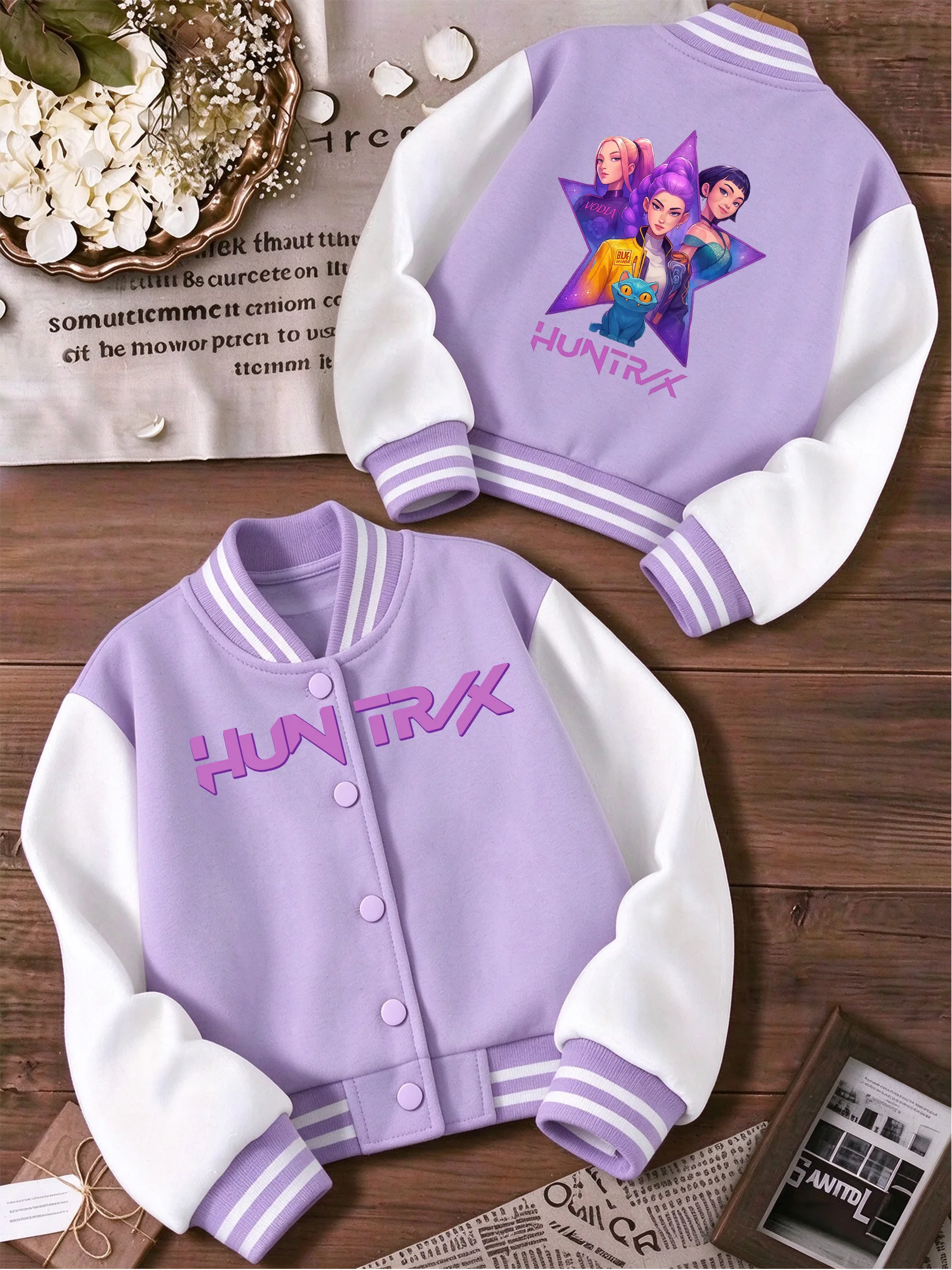 2026 Kids Purple Varsity Jacket Boys Girls Star Cartoon Graphic Print Baseball Coat Color Block Casual Long Sleeve Outerwear