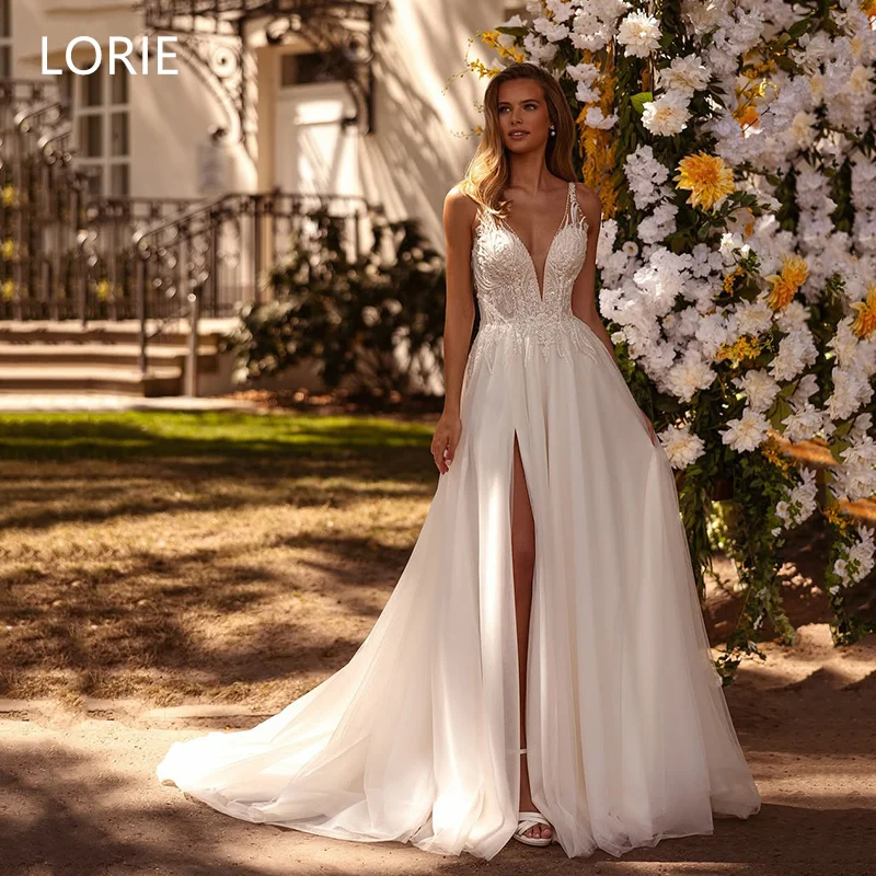 

LORIE Lace Satin A-line Applique Sexy Wedding Dress Side Split Bridal Gowns V-Neck Backless Wedding Gown Customized 2025