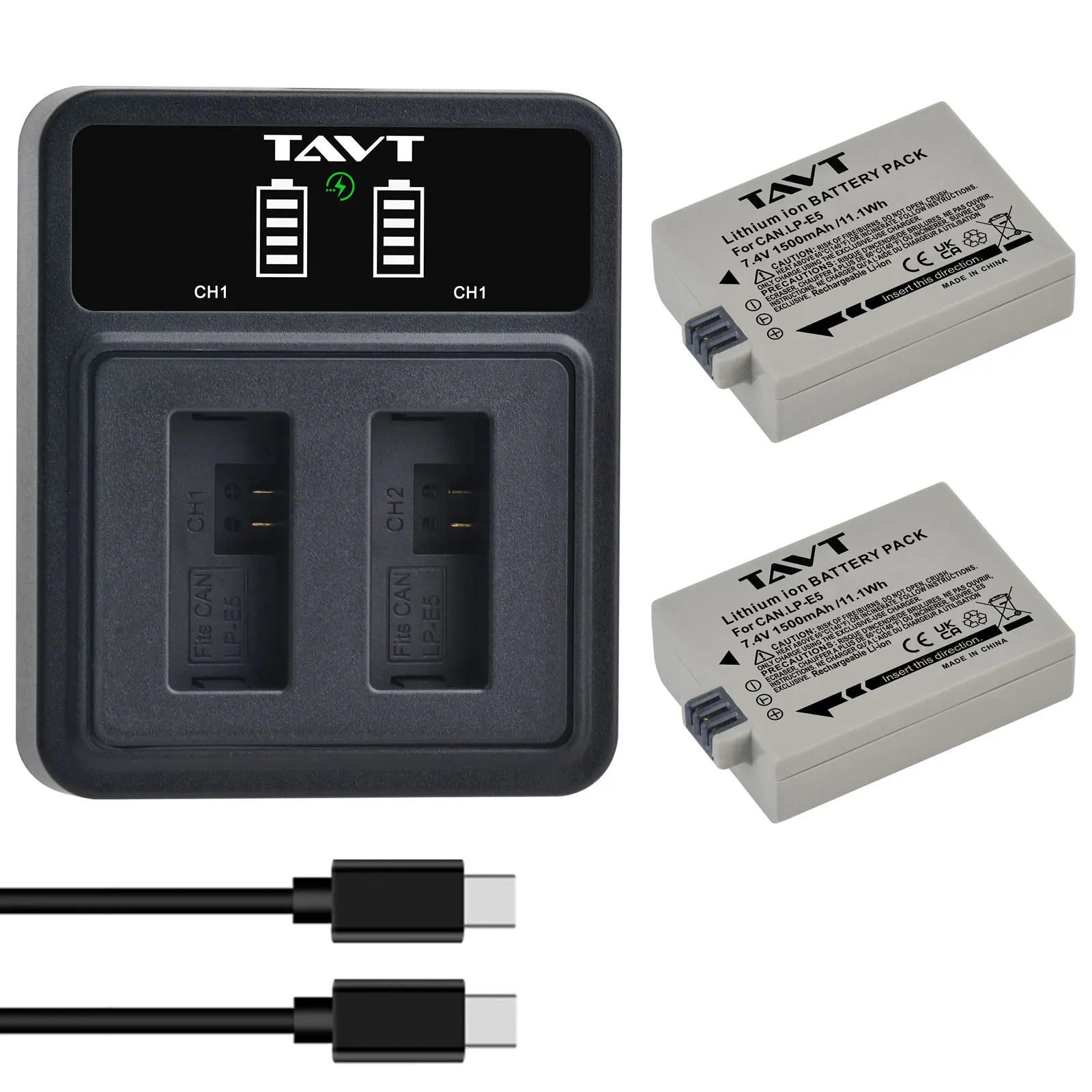 TAVT LP-E5 LPE5 LP E5 Battery Pack+PD20W Charger for Canon EOS Rebel XS Rebel T1i Rebel XSi 1000D 500D 450D Kiss X3 X21500mAh