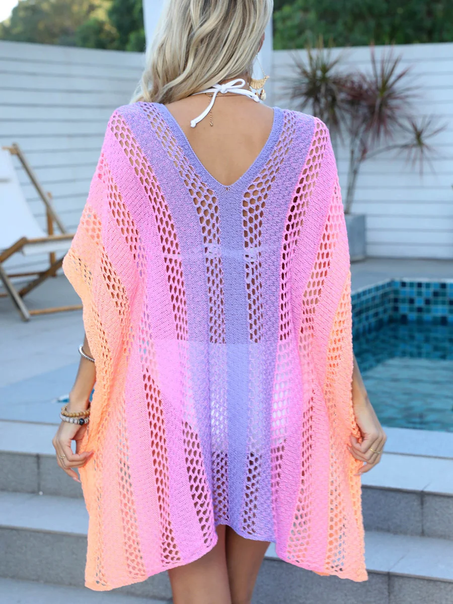 Women's Cover Up Dress Casual Loose V Neck Short Sleeve Crochet Hollowed Gradient Knit Swimsuit Cover Ups for Vacation Beach