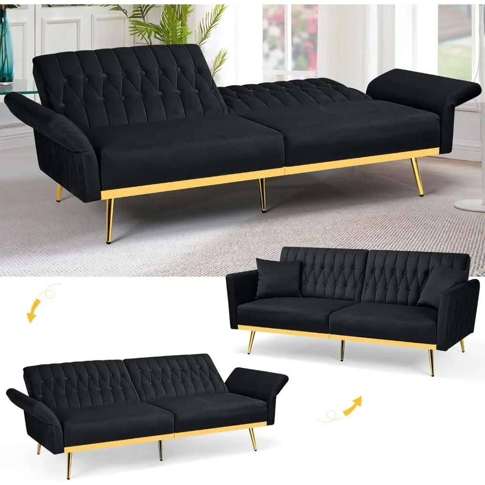 Sofá-cama futon de veludo de 70 polegadas com braços e costas ajustáveis, sofá futon conversível com 2 travesseiros, cama-cama moderna