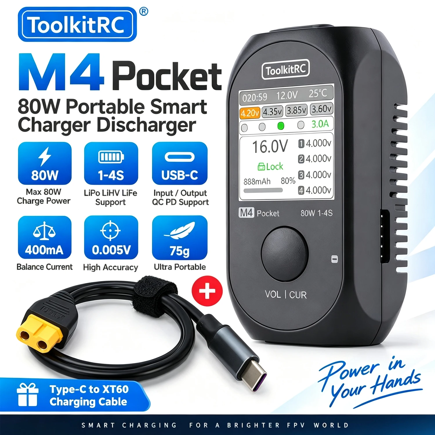 ToolKitRC M4 Pocket 80W Portable Smart Charger Discharger with IPS Screen XT60 XT30 Input USB-C for 1-4S LiPo LiHV LiFe Battery