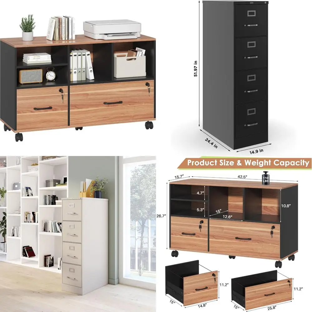 Lockable Rolling Wood Lateral File Cabinet with Adjustable Shelves for Home Office Use