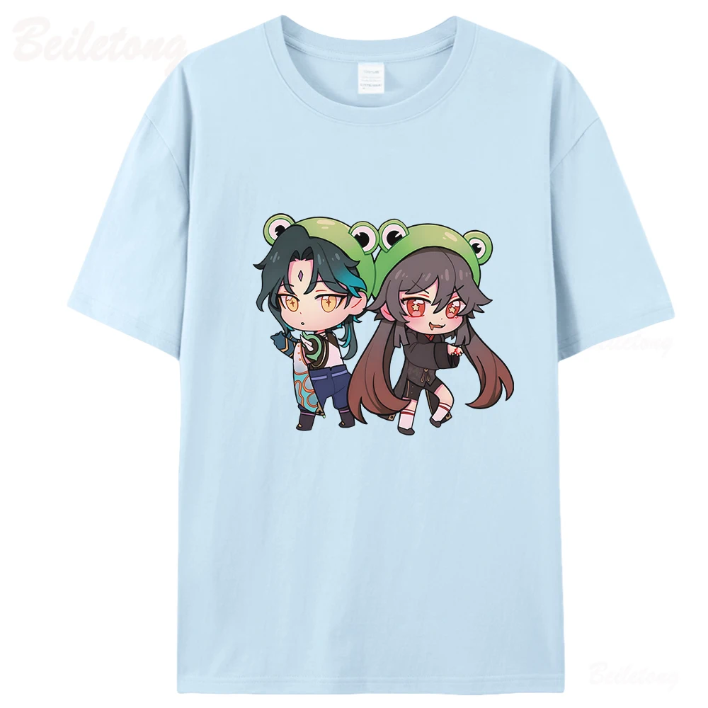 Hu Tao and Xiao Cute Genshin Impact T Shirt Women Printing 100% Cotton Summer Oversized Tops Harajuku Tees Cartoon Fast Shipping