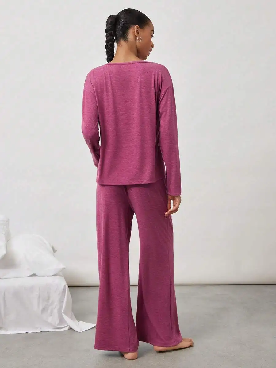 

Comfortable Soft Collarless Women Pajama Set Solid Color Long Sleeve Lounge Wear