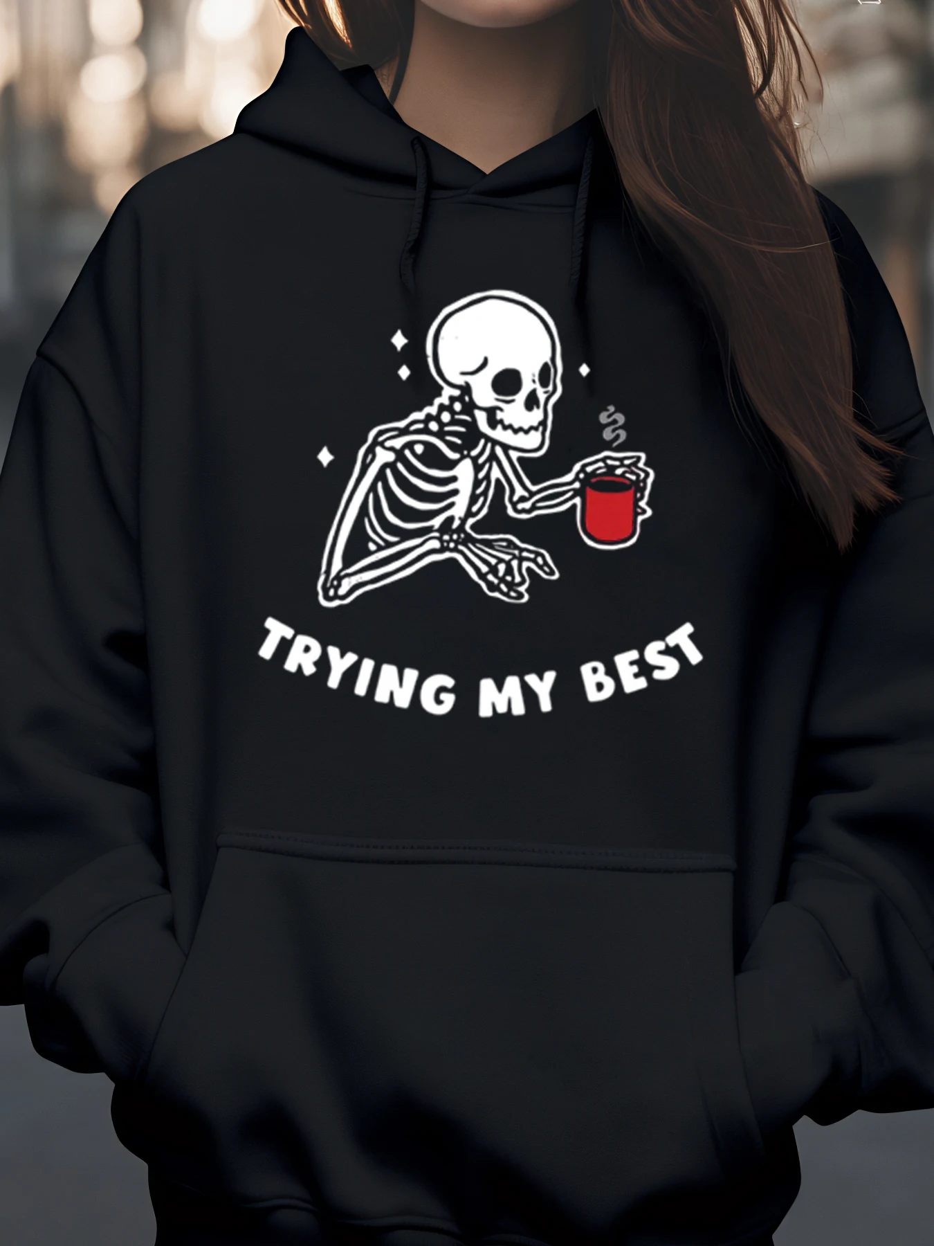 

Скелет держит кофейную чашку попробовать свою лучшую толстовку с капюшоном на Хэллоуин, повседневная одежда для женщин и мужчин