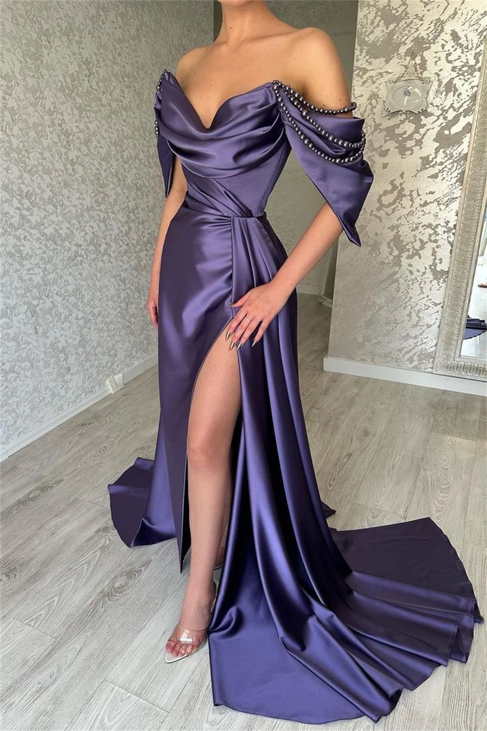 Amanda Purple Off Shoulder vestidos de noche Satin Floor-Length Prom Dresses Elegant Sleeveless Side Split Formal Evening 2024