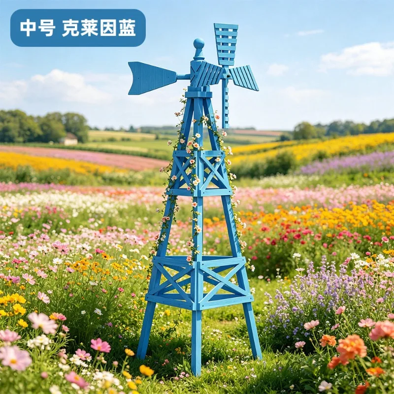 Wooden Windmill Flower Stand Decor for Balcony Home Cafe Display Rack