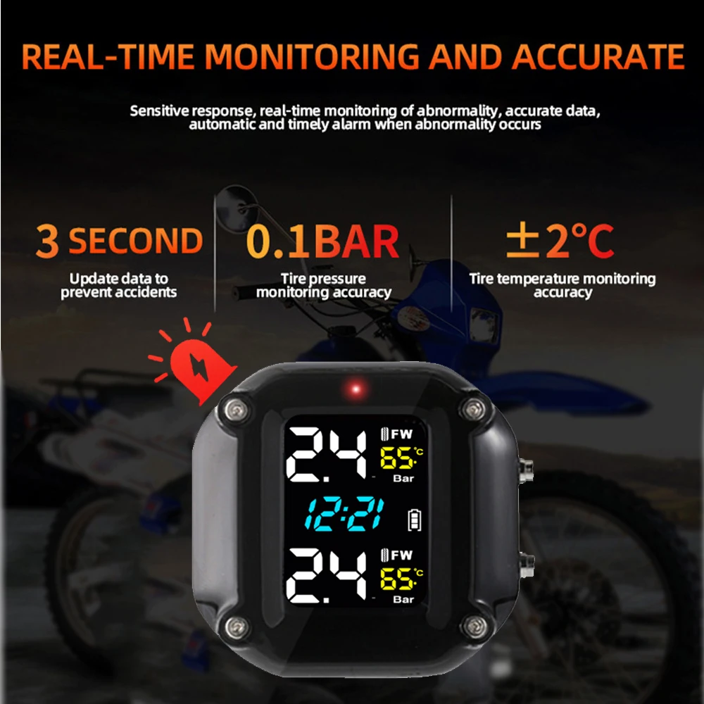 Motorcycle Tire Pressure Sensors Moto TMPS with Colorful Screen Tire Pressure Monitoring System 2 Wheel Tyre External Sensor