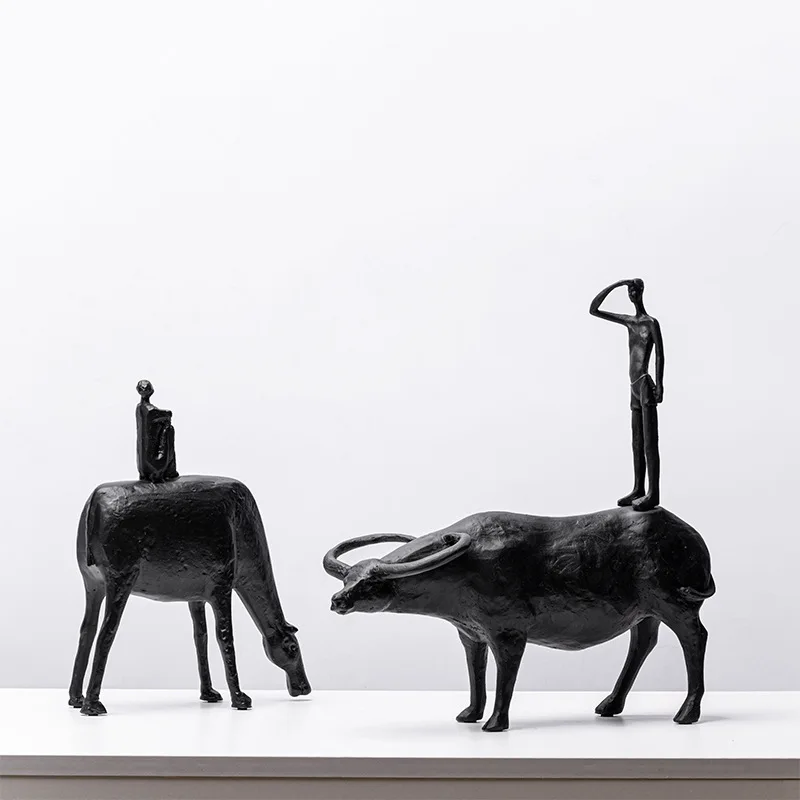 Modern Abstract Resin Crafts Wrangler Porch Desktop Ornaments Living Room Decoration Herd Cattle Black Person Home Decoration