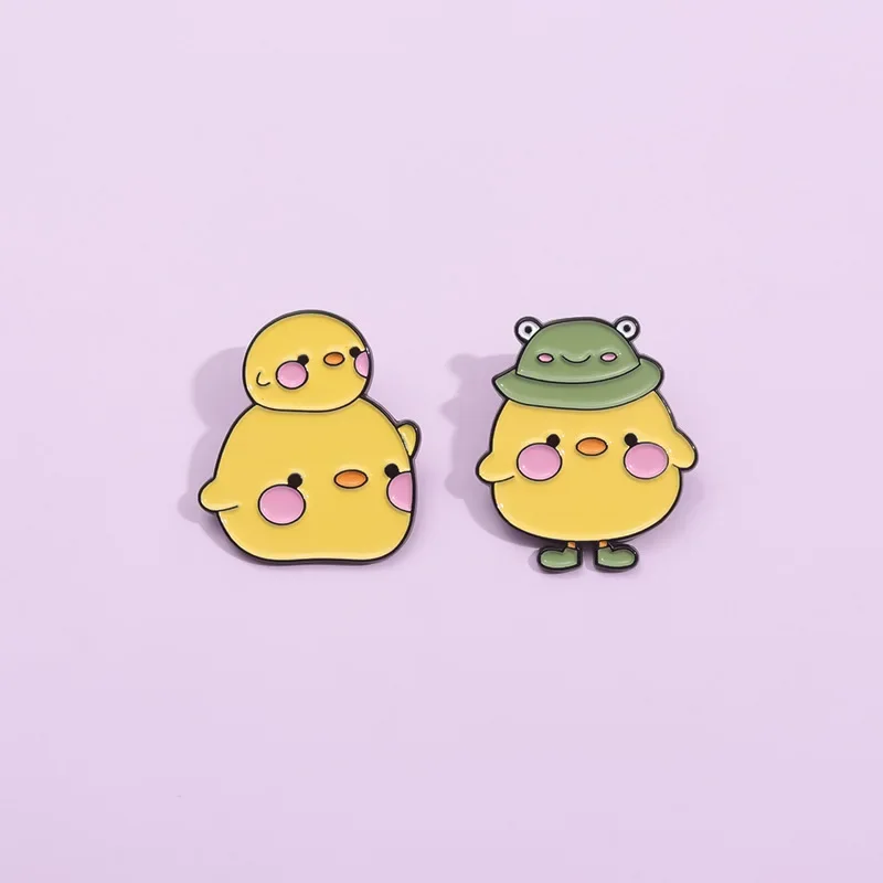 Frog Hat Yellow Duck Enamel Pins Cute Duckling Wearing Hat Brooches Lapel Backpack Badges Animal Jewelry Gift for Kid Friends