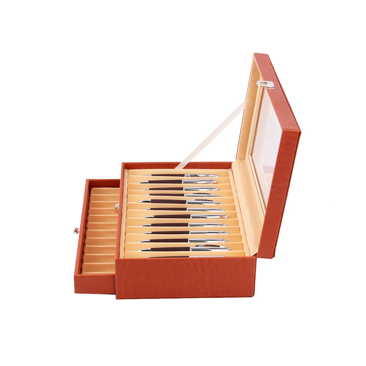 24 Slots Wooden Pen Display Storage Box Luxury 2 Layer PU Pen Case Fountain Pen-Collector Jewelry Organizer Orange