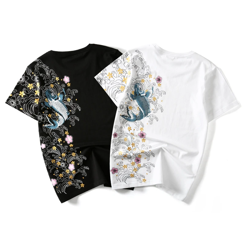 Lyprerazy Retro Japan Embroidery T Shirt Koi Fish Print White Tops Tees Summer Harajuku Men Hip Hop Tshirt Streetwear T-Shirt