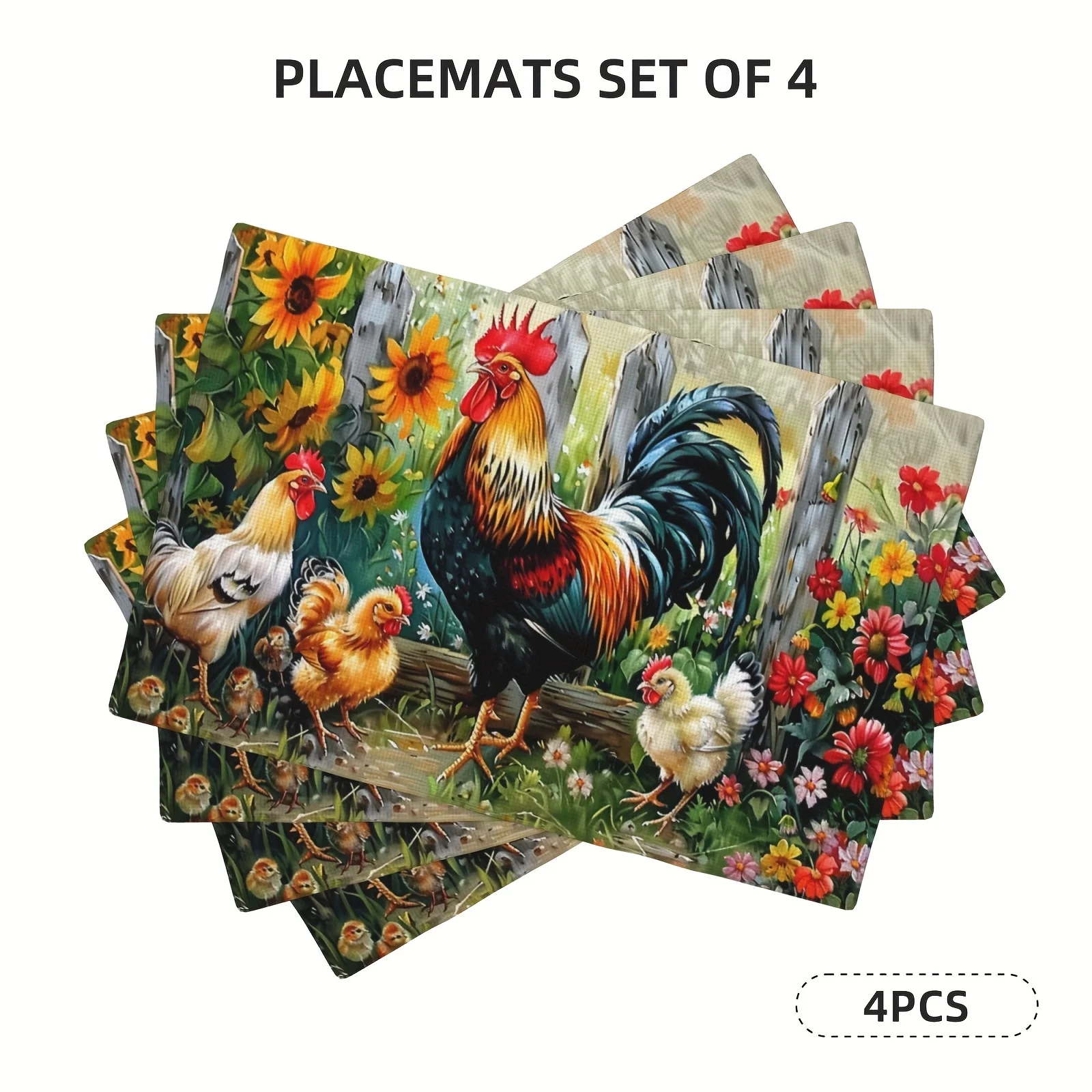 Set of 4 Rooster and Hen Placemats - Polyester, Washable, Woven Square Table Mats for Kitchen and Dining Room