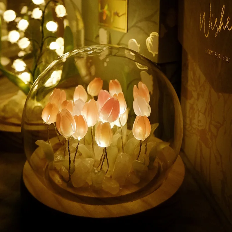 Luz nocturna de tulipán para mesita de noche hecha a mano, lámpara de mesa de flor de tulipán, 10/20 piezas, funciona con pilas