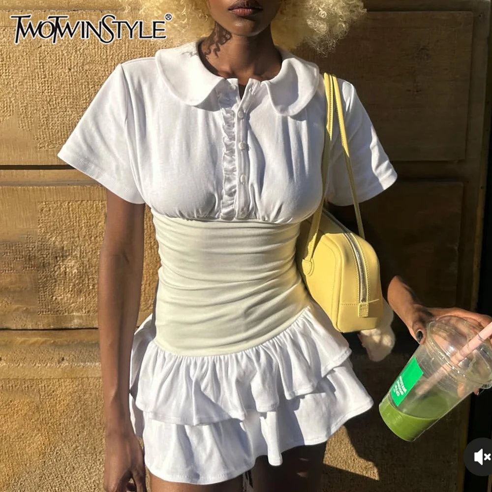 TWOTWINSTYLE Hit Color Slimming Mini Dresses for Women Lapel Short Sleeve Tunic Temperament Mini Dress Female Fashion