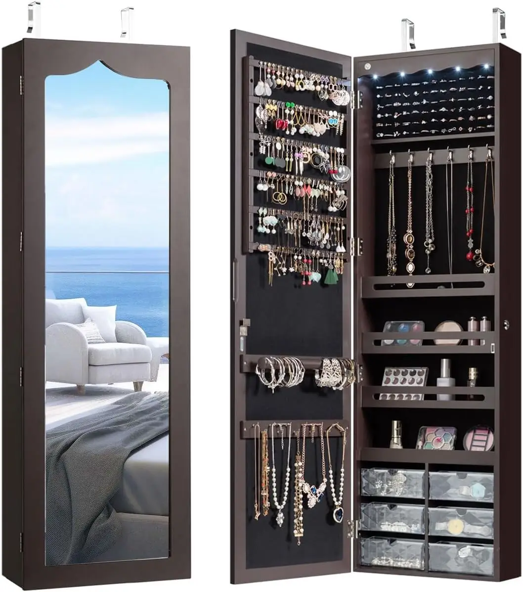 Jewelry Cabinet Armoire,with 47.5'' Full Length Mirror, 5 Lights, Large Jewelry Storage Box with 6 Acrylic Drawers (Brown)