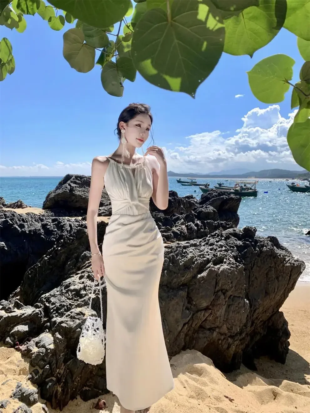 

New Spring Summer French Retro Halter Strap Dress For Women Satin Fish Tail Dresses Korean High-Level Feeling Long Dress
