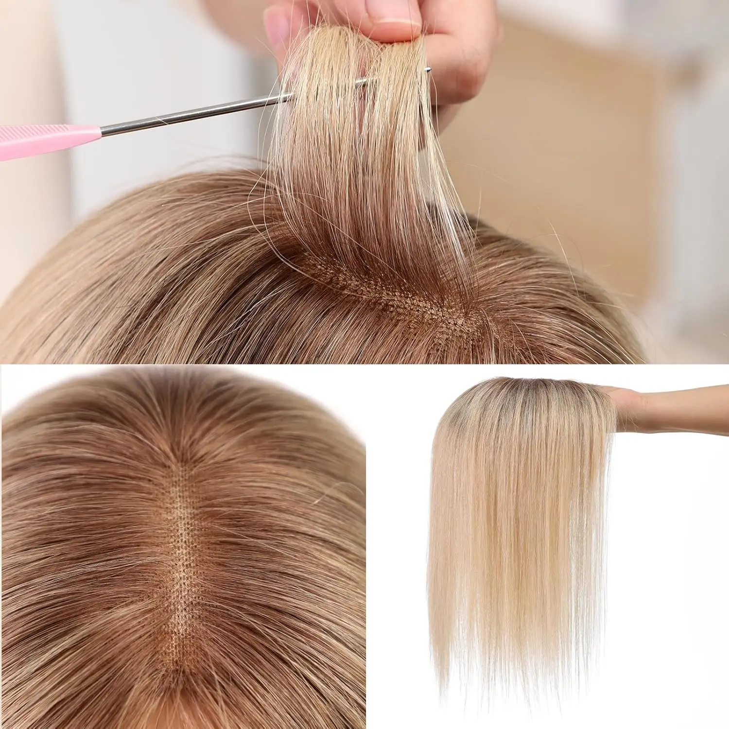 Brown Blonde Ombre Hair Toppers for Women Human Hair Topper with 3 Clips Swiss Lace Base Hand-Tied 14in Top Hairpieces No Bangs