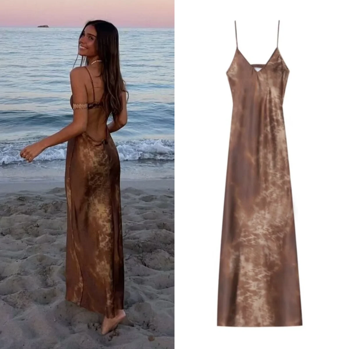 PB&ZA Summer New Women's Elegant and Sexy Open Back Suspended Strap Waist Long Dress Silk Satin Texture Midi Dress