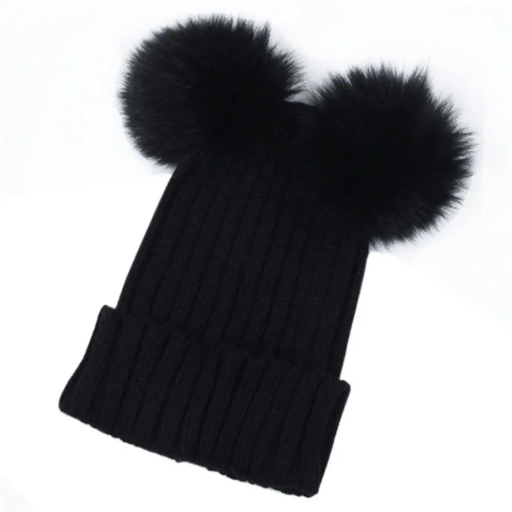 Women Girl Winter Double Pompom Knitted Wool Hat Casual Beanie Cat Warm Cap Beanie Bonnet