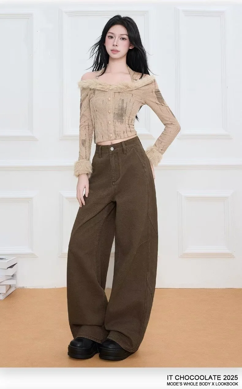 Celana jeans coklat melengkung bergaya retro Amerika yang serbaguna dan baru, cocok untuk pria dan wanita, celana longgar berkaki lebar bergaya Y2k Harajuku