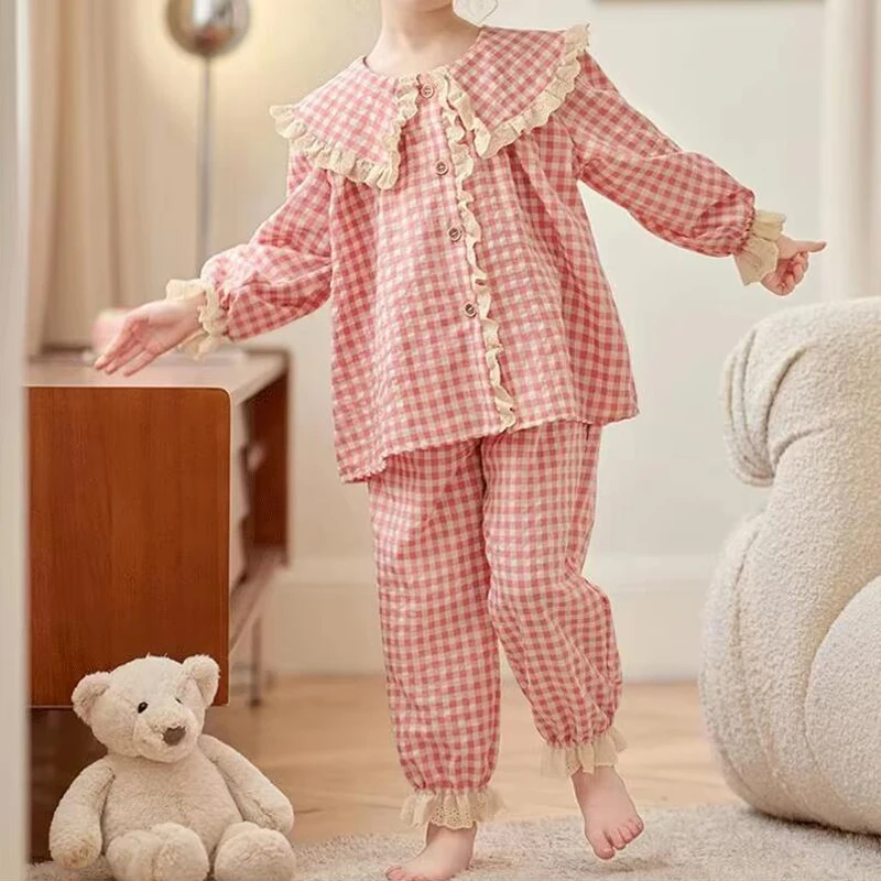

Милый милый стильный комплект одежды для сна с длинными рукавами и длинными штанами для девочек, весенне-осенние детские пижамы с лацканами, высококачественная домашняя одежда для девочек