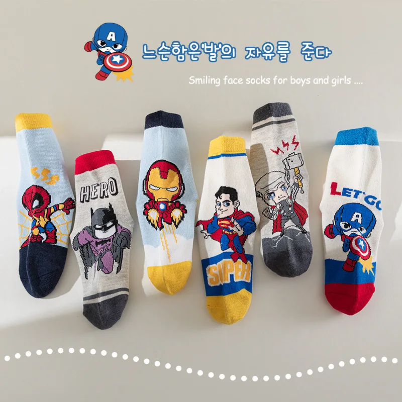 6 Pairs Marvel Children Socks Anime Kids Boys Short Sock Iron Man Captain America Cartoon Baby Fall Mid-calf Cotton Socks 1-12Y