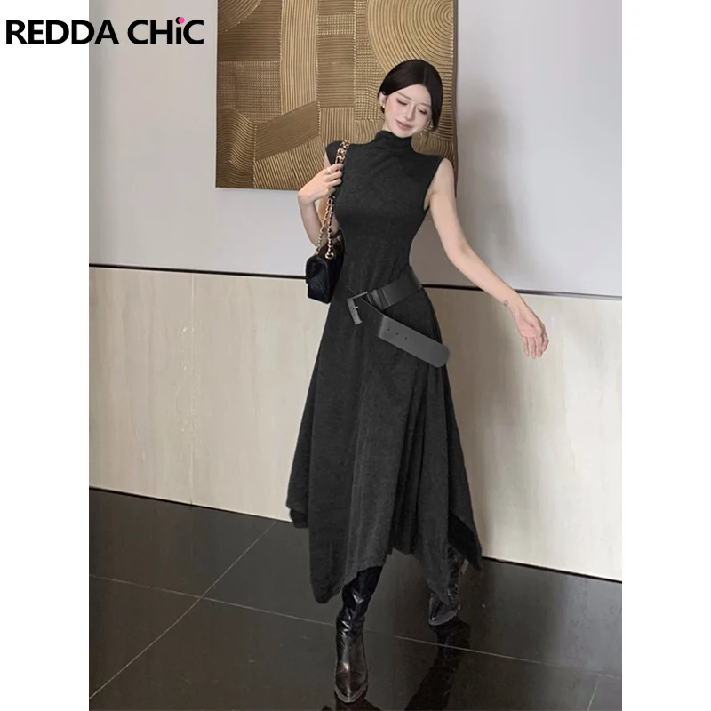 

REDDACHiC черное платье с высоким воротником для женщин, непринужденное длинное платье миди с рюшами и рюшами, рабочая повседневная осенняя одежда