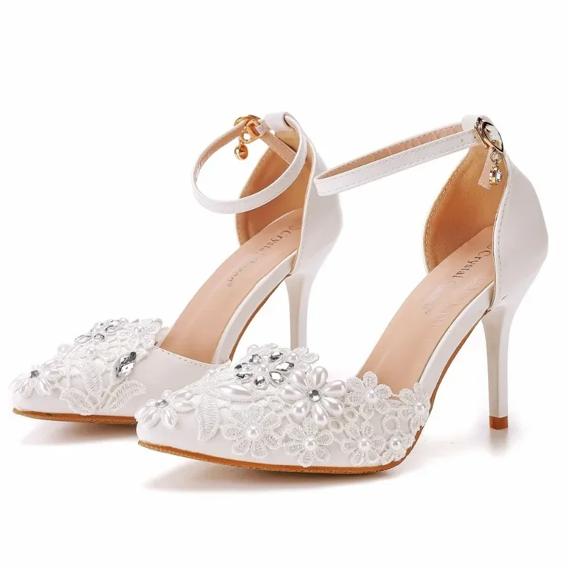 Fashion Summer Women High Heels Sandals Rhinestone Buckle Strap PU 9.5CM Thin Heels Elegant Office Work Women Shoes White