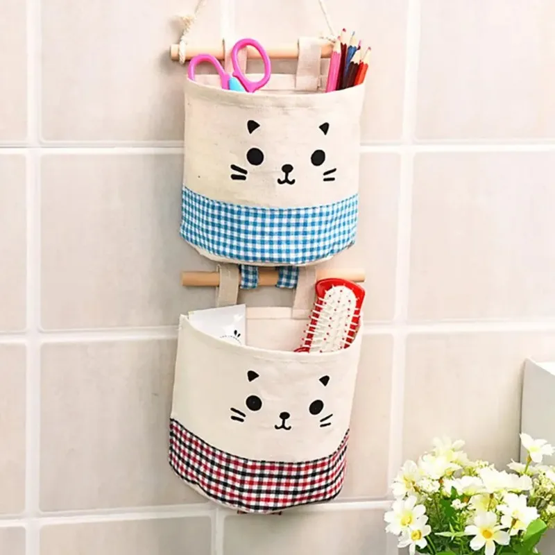 Home Kitchen Door Wall Hanging Organizer Pocket Bag Sundries Storage Holder Cat Decor Cotton Flax Wall Pouch with Lanyard