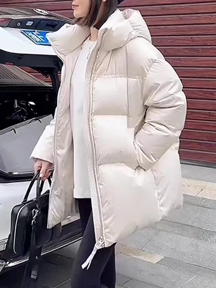 

Elegant Satin Cotton Jacket Women's Loose Fit Thickened Mid-Length Bread Coat Korean Style Commute Polyester Fiber Zipper Clo...