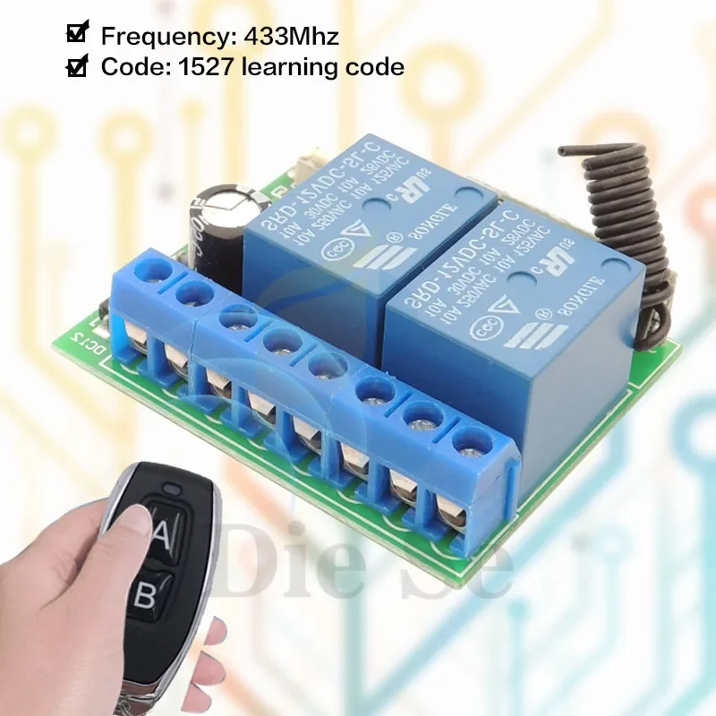 433 MHz Remote Control Switch DC 12V 10A 2 Gang rf Relay Receiver and Transmitter for Current Positive and Negative control