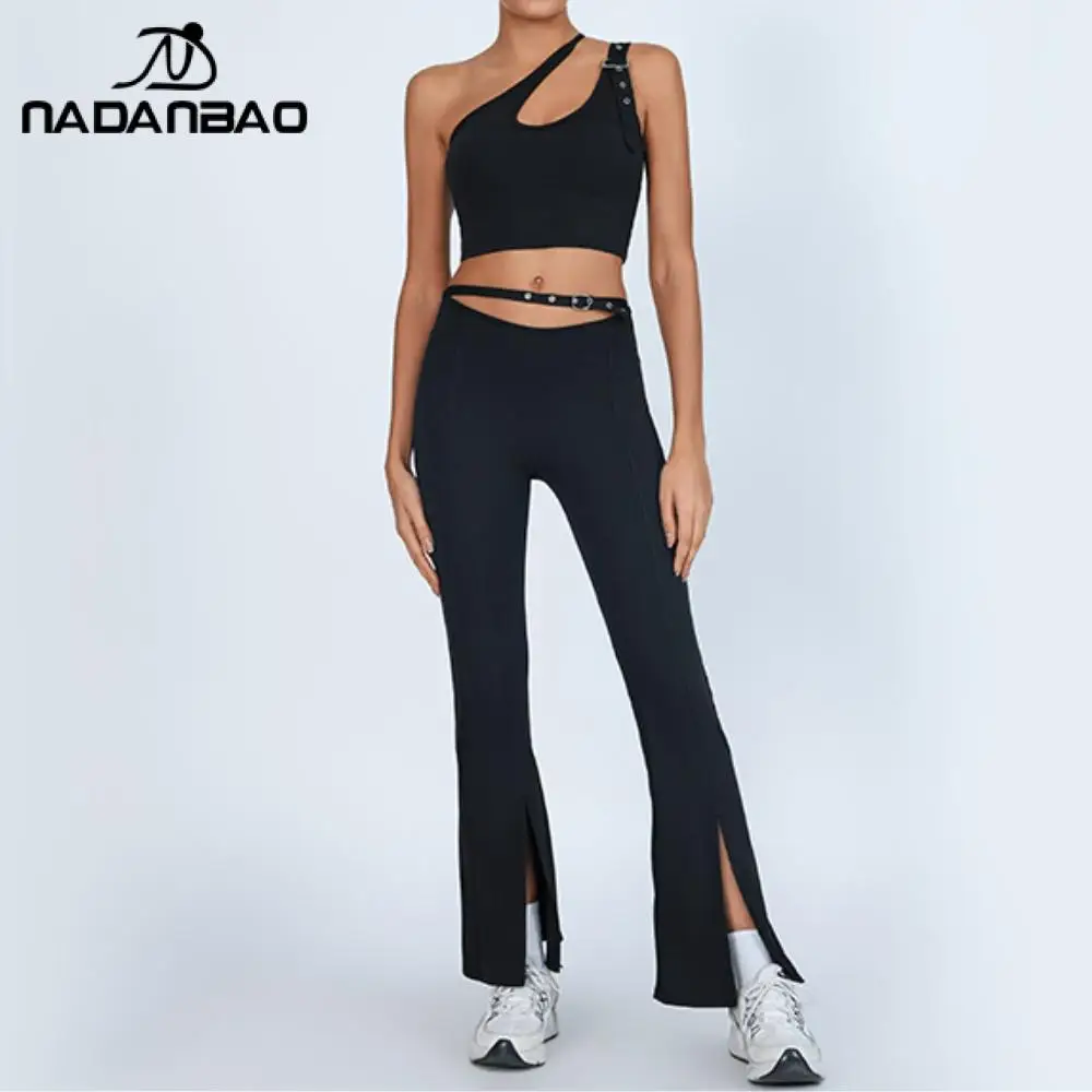 

Сексуальный облегающий женский комплект для йоги Nadanbao: топ на одно плечо с облегающим лифом и расклешенные брюки с высокой талией для фитнеса и спорта