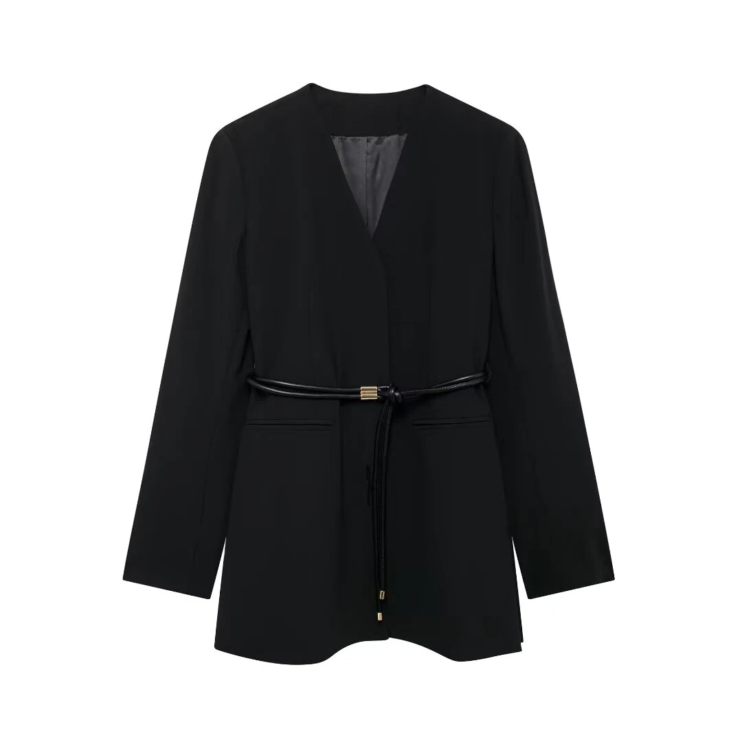 Tangada 2024 Autumn Winter Women With Belt Blazer Jacket Pocket Long Sleeve Female Coat BE0360