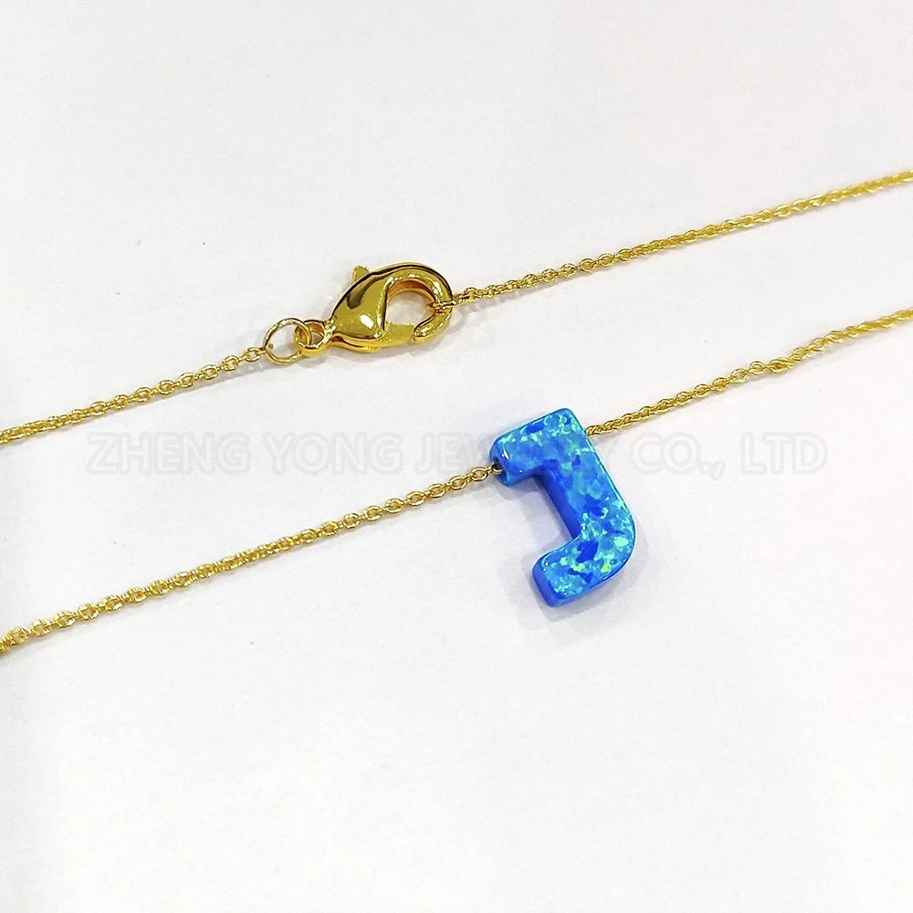 Alphabet Blue Letters Necklace Synthetic Opal Silver Gold Color Brass Chain