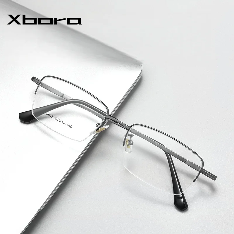 

XBORA Men's Ultra Light Titanium Alloy Eyeglasses Business Square Retro Half Frame Flexible Elastic Temples 3015JY