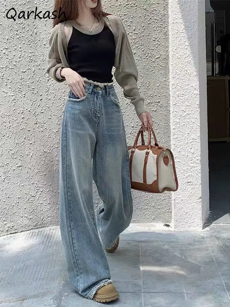 

Women Jeans Retro Raw Edge Design American Popular Washed Oversized Autumn Plus Velvet High Waist Loose Straight Floor Length