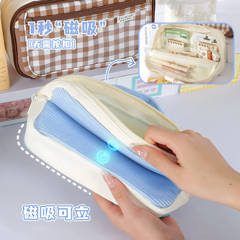 Aesthetic Vintage Grid Plaid Pencil Case Clear Multiple Layers Large Capacity Handheld Pen Bag for Teen Girls Back To School