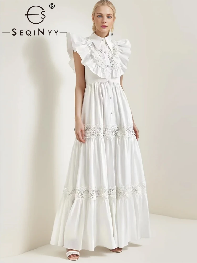 

SEQINYY Elegant Long Dress Summer Spring New Fashion Design Women Runway Ruffles Sleeve High Street Hollow Out Lace Party