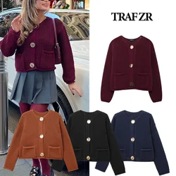 TRAF ZR Comfy Autumn O-NECK Chuncy Yarn Cardigans Gold Metal Buttons Vintage Chic Long Sleeve Knitted Tops Estetyczne dzianiny