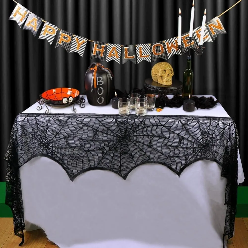 Decoraciones espeluznantes de Halloween, camino de mesa de encaje Web de arañas negras, bufanda para chimenea, cortina de malla de murciélagos para fiesta y decoración del hogar