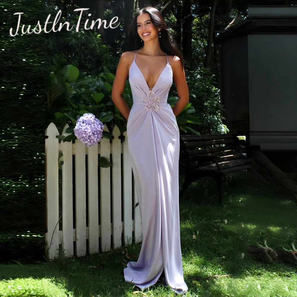 JUSTLNTIME Spahetti Strap Deeep V-Neck Sheath Evening Dress Flower High Slit Criss-Cross Lace Up 2026 Customized Robe De Soirée