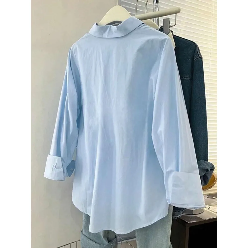 เสื้อเชิ้ตแขนยาวลำลองสำหรับผู้หญิงไซส์ใหญ่ 1XL-5XL ดีไซน์เรียบหรูทันสมัย สีพื้น เนื้อผ้าพอดีตัว หนาปานกลาง