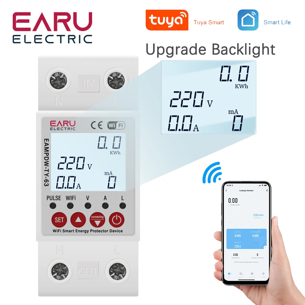 tuya app wifi inteligente circuito terra vazamento sobre sob o protetor de tensao rele dispositivo interruptor disjuntor energia kwh medidor 2p 63a 01