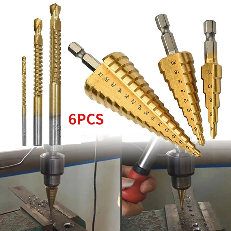 6pcs Straight Groove Step Drill Bit High-speed Steel Pagoda Drill Bit 4-12 4-20 4-32 Metal Stainless Steel Wood Hole Cutter Cone