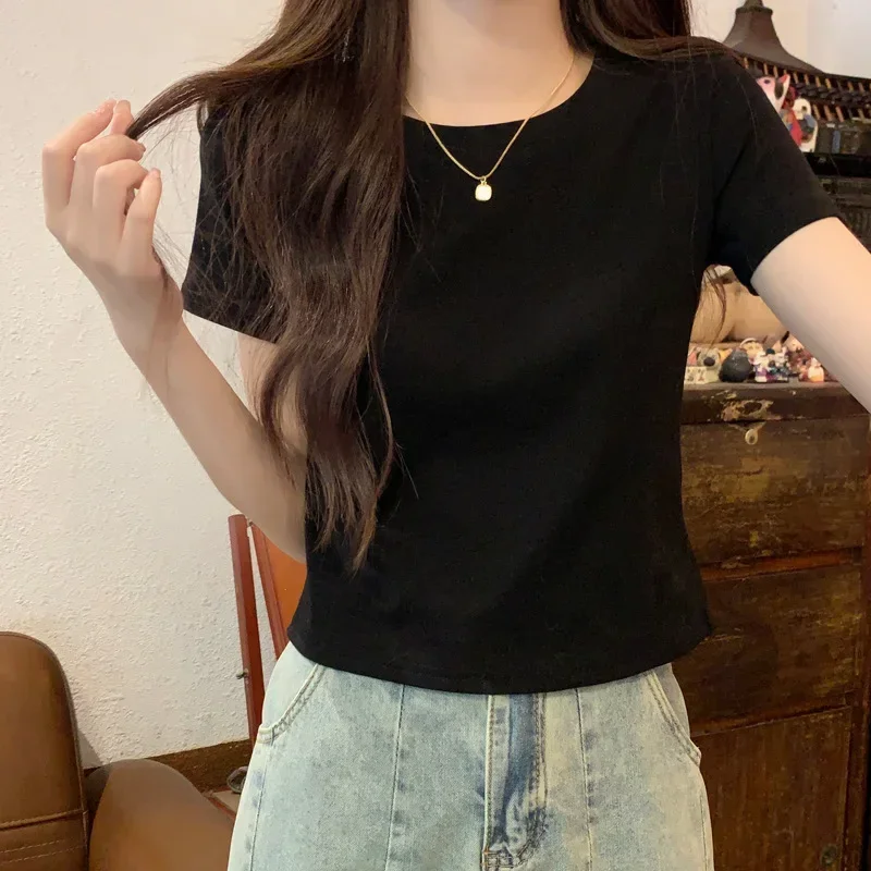 

Pop Slim Fit High Waist Short Sleeve T-Shirt Women's Basic Solid Color Summer New Korean Style Base Shirt Female Top Short Lengt