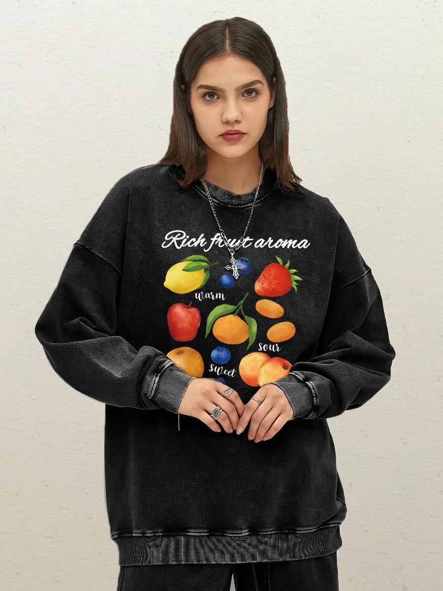 Rich Fruit Aroma Print Washed Sweatshirt Women Street Loose Pullover Cotton Casual Unisex Top All-Match Soft Couple Clothes